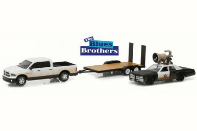 Greenlight Blues Brothers 2015 Ram 1500 W/ 1974 Dodge Monaco 'Bluesmobile' On Flatbed - 1/64 Scale