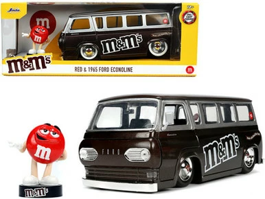 1965 Ford Econoline Bus With Red M&m's Figurine, Brown- Jada Toys 32027 - 1/24 Diecast Car