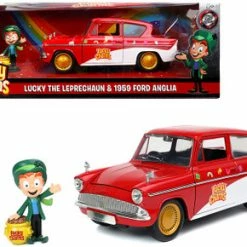 ModelToyCars Lucky Charms 1959 Ford Anglia Red And White With Lucky The Leprechaun Diecast Figurine, Red - Jada Toys 32200 - 1/24 Scale Diecast Model Toy Car